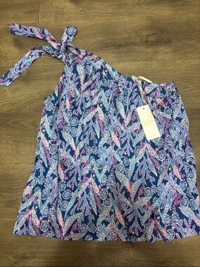 Blue Floral One-Shoulder Tie Top